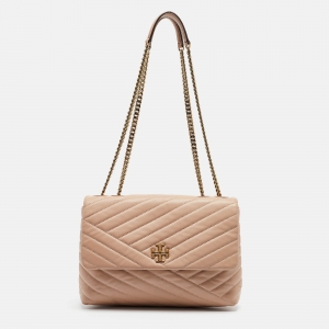 Pre Owned Tory Burch Beige Chevron Leather Kira Shoulder Bag