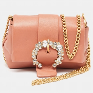 Pre Owned Tory Burch Peach Leather Mini Greer Chain Crossbody Bag