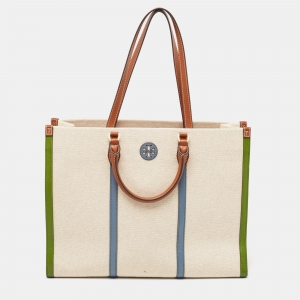 Pre Owned Tory Burch Tricolor Canvas and Leather Blake Shopper Tote
