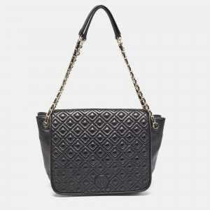 Pre Owned Tory Burch Black Quilted Leather Marion Flap Shoulder Bag