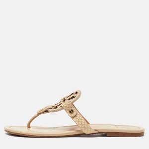 Pre Owned Tory Burch Beige Leather Mini Miller Thong Flat Sandals Size 37
