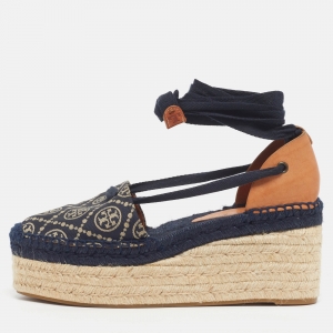 Pre Owned Tory Burch Size 38.5 Blue Denim Wedge Espadrille Sandals