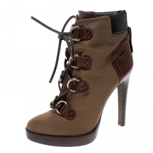 Pre Owned Tory Burch Khaki Nylon and Leather Lace Up Heel Boots Size 38