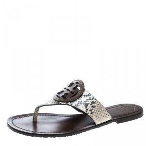 Pre Owned صندل توري برش شعار جلد نقش ثعبان بني/ بيج مقاس 39