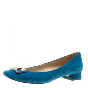 Pre Owned Tory Burch Blue Suede Gigi Block Heel Pumps Size 39