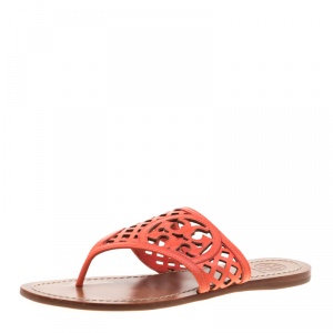 Pre Owned Tory Burch Orange Lattice Leather Flat Thong Sandals Size 36