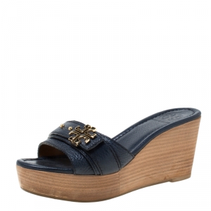 مملوكة مسبقًا Tory Burch Blue Leather Patti Wedge Platform Sandals Size 37