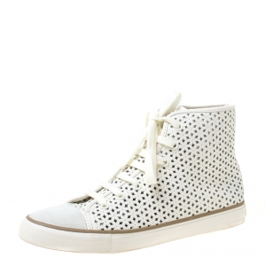 Tory Burch White Flower Perforated Leather High Top Sneakers Size 38.5