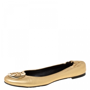 Pre Owned Tory Burch Gold Leather Minnie Travel Ballet Flats Size 37.5