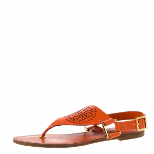 Pre Owned Tory Burch Orange Perforated Leather Thong Slingback Sandals Size 38
