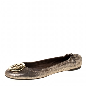 Pre Owned Tory Burch Metallic Gold Leather Reva Pebbled Ballet Flats Size 37.5