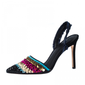 Pre Owned Tory Burch Multicolor Suede And Sequin Embellished Slingback Pointed Toe Sandals Size 39