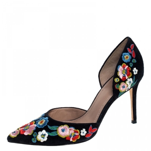 Pre Owned Tory Burch Blue Suede Rosemont Embroidered D’orsay Pointed Toe Pumps Size 38