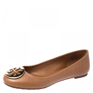 Pre Owned حذاء باليرينا فلات توري بورش ريفا جلد بني مقاس 36.5