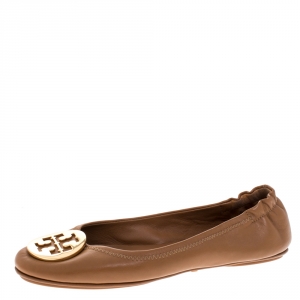 Pre Owned Tory Burch Brown Leather Minnie Scrunch Ballet Flats Size 37
