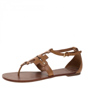 Pre Owned Tory Burch Tan Leather Phoebe Thong Ankle Strap Flat Sandals Size 38.5