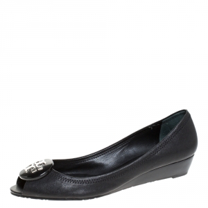 Pre Owned Tory Burch Black Leather Reva Peep Toe Wedge Pumps Flats Size 41