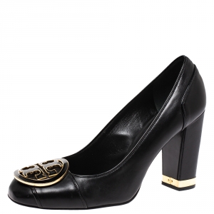 Pre Owned Tory Burch Black Leather Logo Embellished Maddie Pumps Size 39