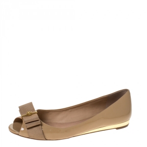 Pre Owned Tory Burch Beige Patent Leather Trudy Bow Ballet Flats Size 38.5