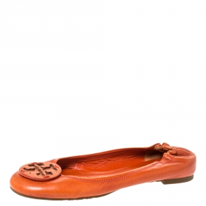 Pre Owned Tory Burch Orange Leather Reva Scrunch Ballet Flats Size 37