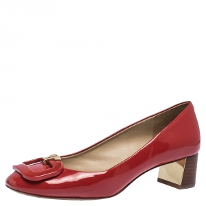 Pre Owned Tory Burch Red Patent Leather Block Heel Pumps Size 36.5