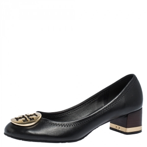 Pre Owned Tory Burch Black Leather Reva Block Heel Pumps Size 36.5