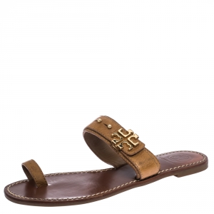 Pre Owned Tory Burch Brown Leather Logo Embellished Toe Ring Sandals Size 38