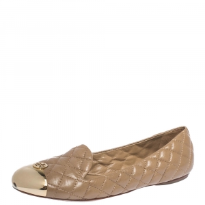 Pre Owned Tory Burch Beige Quilted Leather Kaitlin Metal Cap Toe Ballet Flats Size 37.5