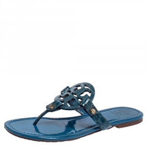 Pre Owned Tory Burch Blue Croc Embossed Leather Thong Sandals Size 36
