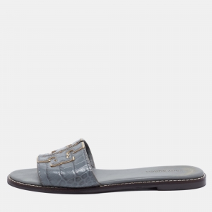 Pre Owned Tory Burch Grey Croc Embossed Leather Ines Flat Slides Size 38.5