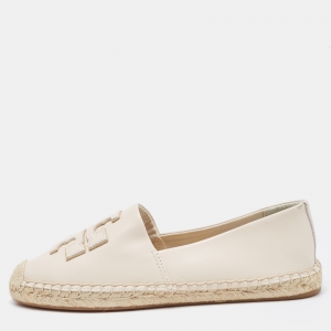 Pre Owned Tory Burch Cream Leather Slip On Espadrille Flats Size 39