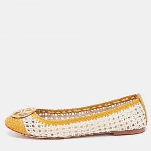Pre Owned Tory Burch White/Yellow Woven Leather Reva Ballet Flats Size 39