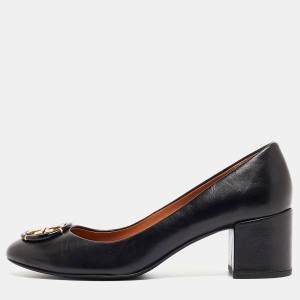 Pre Owned Tory Burch Black Leather Janey Block Heel Pumps Size 38.5