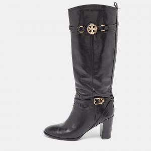 Pre Owned Tory Burch Black Leather Knee Length Boots Size 40.5
