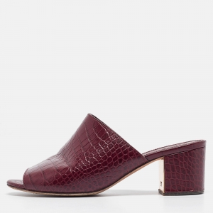 Pre Owned Tory Burch Burgundy Croc Embossed Leather Salinas Slide Sandals Size 38