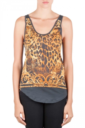 Pre Owned Balmain Slate Grey and Gold Leopard Print Cotton Tank Top S