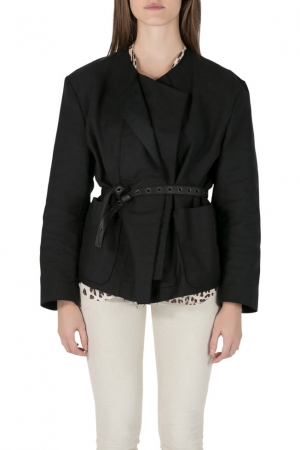 Isabel Marant Black Cotton Raw Edged Double Breasted Belted Jacket L