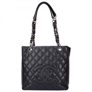 Pre Owned Chanel Balck Quilted Leather Petite Shopping Tote