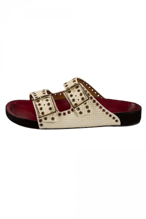 Pre Owned Isabel Marant Cream Python Embossed Leather Lenny Eyelet Studded Slides Size 38