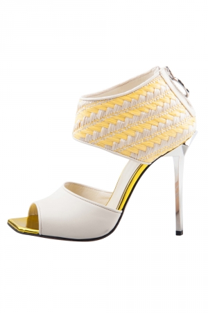 Just Cavalli Cream Leather And Yellow Raffia Open Toe Booties Size 38