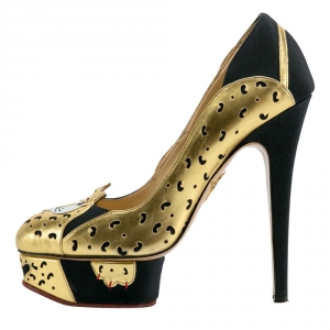 Pre Owned Charlotte Olympia Black/Gold Leather Ninivah Leopard Platform Pumps Size 38