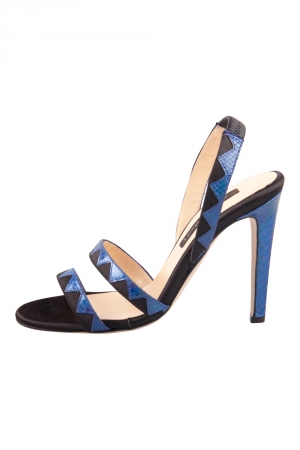 Chrissie Morris Metallic Blue Python Leather Trim And Satin Slingback Open Toe Sandals Size 37