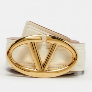Pre Owned Valentino Cream/Pink Leather VLogo Buckle Reversible Belt 75 CM