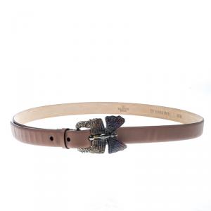 Pre Owned Valentino Cedar Brown Leather Crystal Embellished Butterfly Buckle Belt 85cm