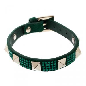 Pre Owned Valentino Emerald/Smeraldo Leather Swarovski Crystal Rockstud Glam Bracelet