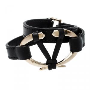 Pre Owned Valentino Black Leather V Rivet Double Wrap Bracelet M