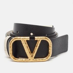 Pre Owned Valentino Black/Off White Leather VLogo Reversible Belt 75CM