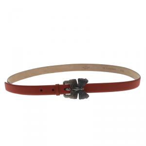 Pre Owned Valentino Red Leather Crystal Embellished Butterfly Buckle Belt 90 CM
