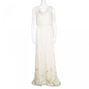 Pre Owned Valentino Pale Yellow Floral Printed Silk Draped Neck Evening Gown L