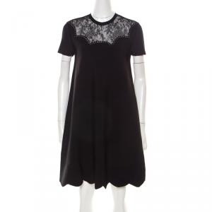 Pre Owned Valentino Black Lace Panels Scalloped Hem Rockstud Knit Dress M